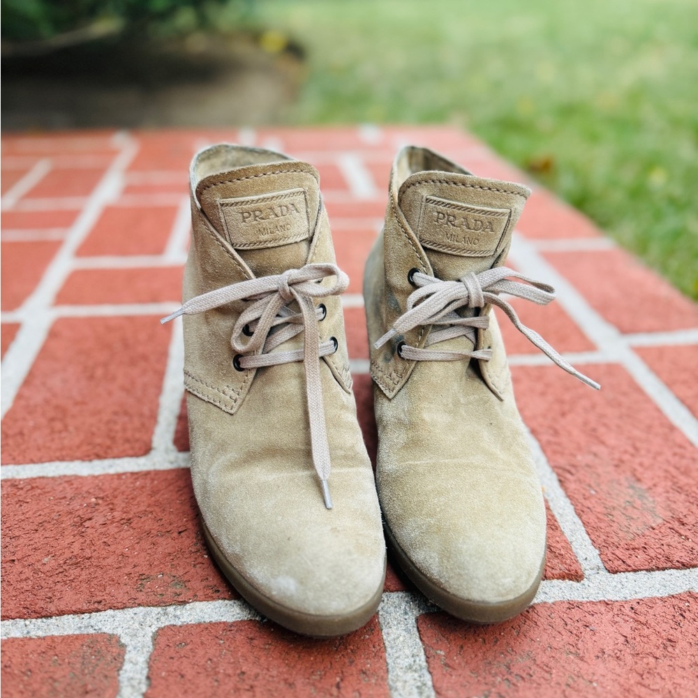 Genuine Prada wedged tan suede boots size 8.5 - Picture 1 of 5